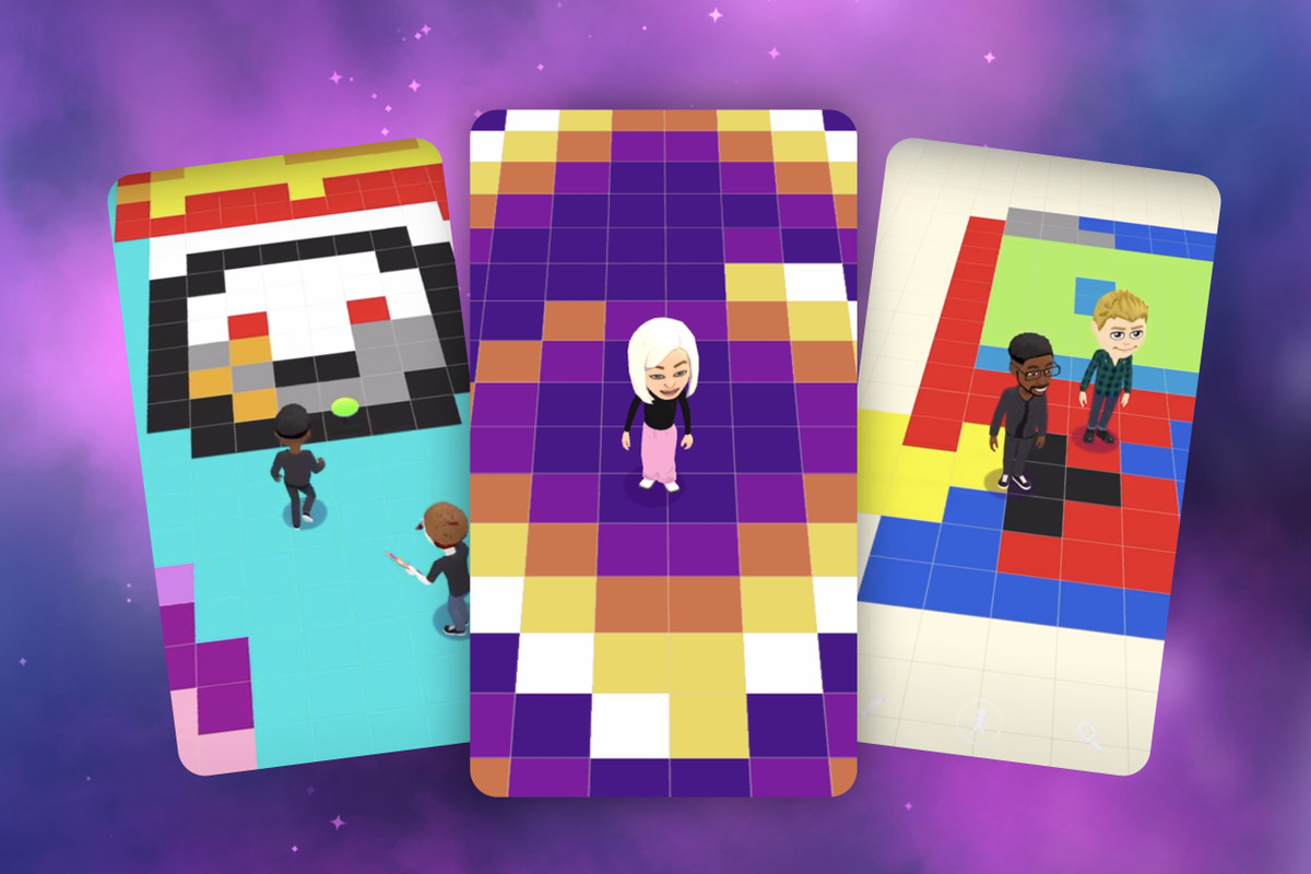 Screenshots of Snapchat’s Bitmoji Paint game showing Bitmoji characters standing on grids of pixel art.