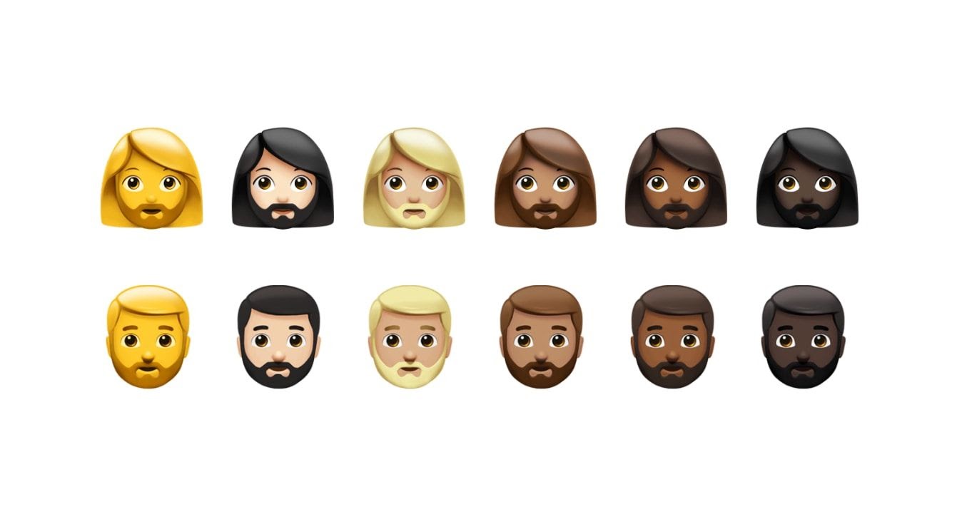 12 neue Emojis mit Bart. Verschiedene Hauttypen und mit langen und kurzen Haaren 