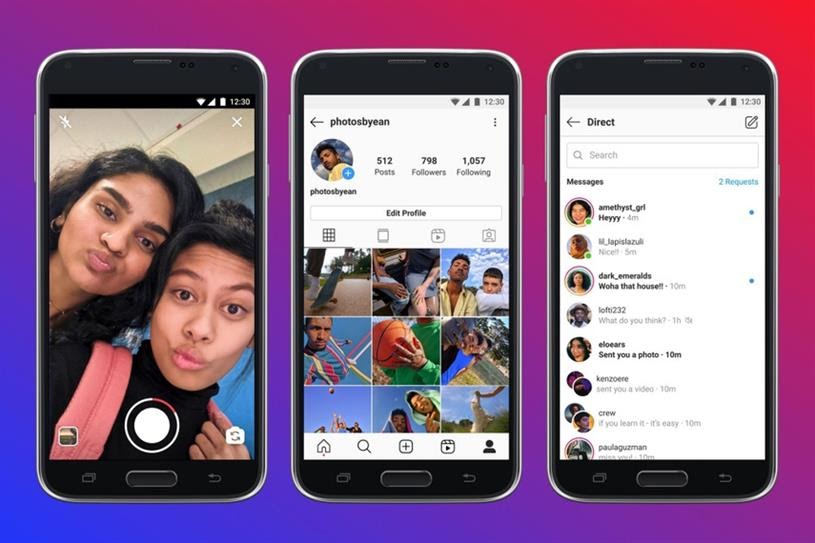 Ansicht von drei Smartphone Screens die das neue Instagram Lite zeigen. 