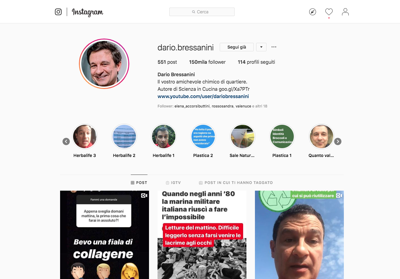 Screenshot del profilo Instagram di Dario Bressanini, re del long-form in Instagram stories.