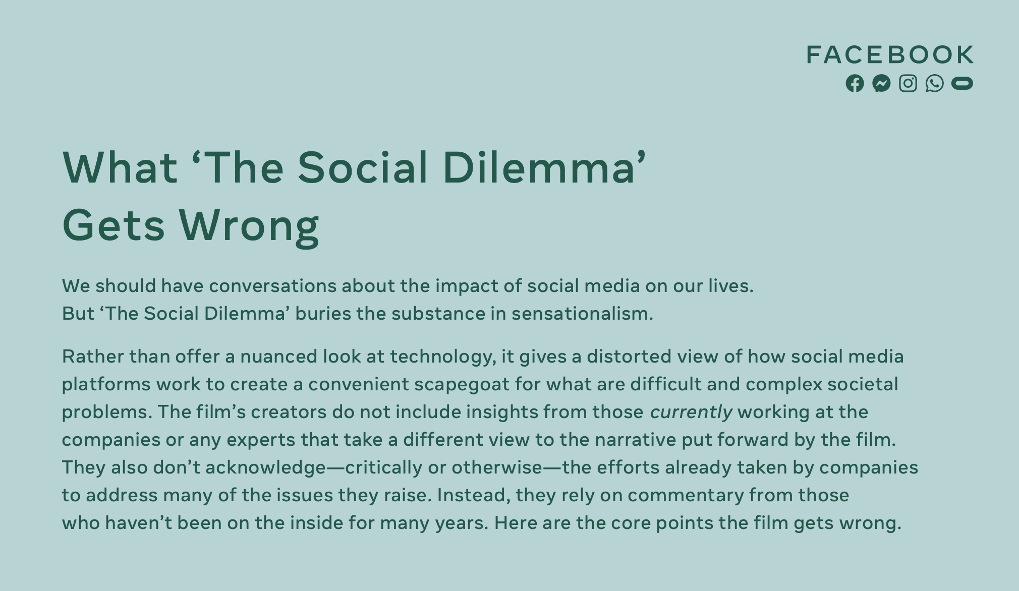 la risposta di Facebook al documentario The Social Dilemma
