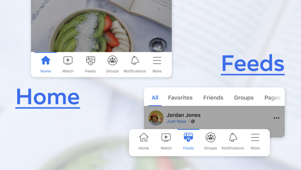 Il nuovo layout di facebook con le tab home e feeds