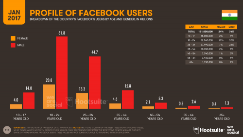 Facebook Users in India in 2017, Profiled by Age and Gender