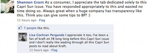 Kraft Foods Facebook wall comment