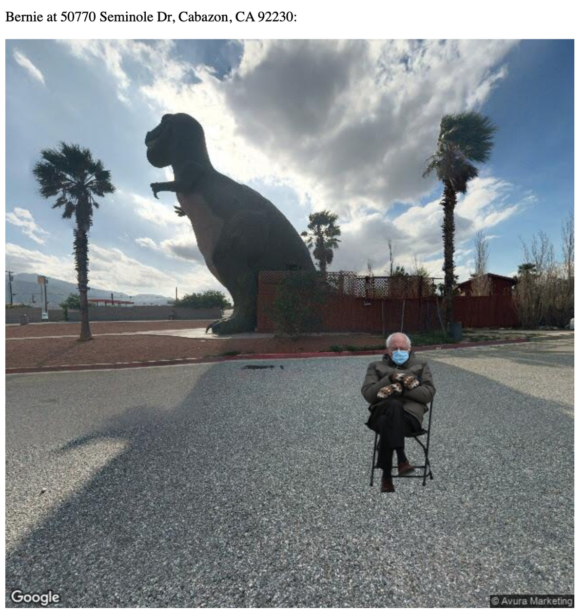 Bernie Sanders sitting in front of a t-rex statue