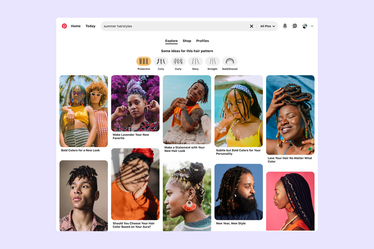 Screenshot of a Pinterest search for “summer hairstyles” showing filter options for protective, coily, curly, wavy, straight, and shave/ bald. Protective is selected, showing various pins of people with braids and twists. 